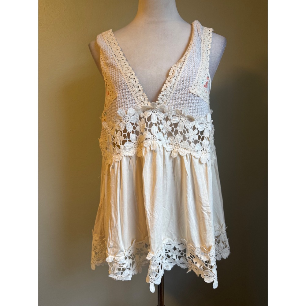 POL S Lace Crochet Boho Tunic Top Cream Small boho cottage fairy flowy‎ y2k pink